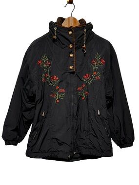 Bogner Embroidered Floral Nylon Jacket Black Fleece Lined Vintage USA 10